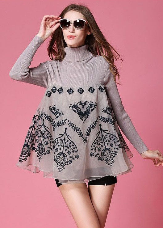 Light Grey Patchwork Knit Top Embroideried Organza Spring