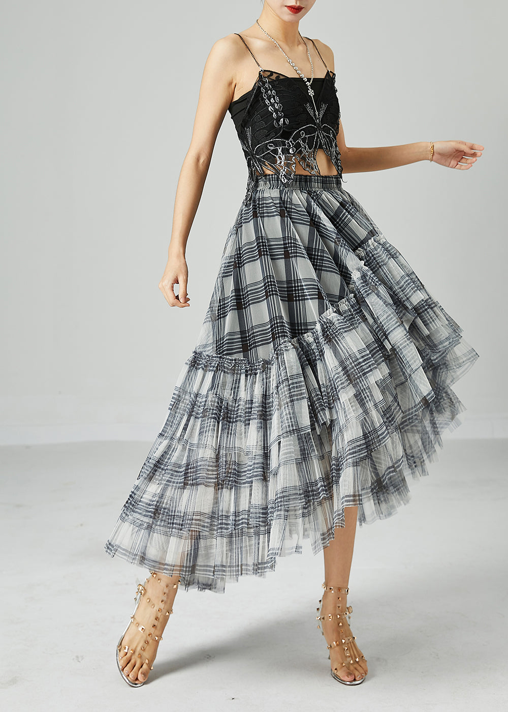 Light Grey Striped Tulle A Line Skirts Low High Design Summer