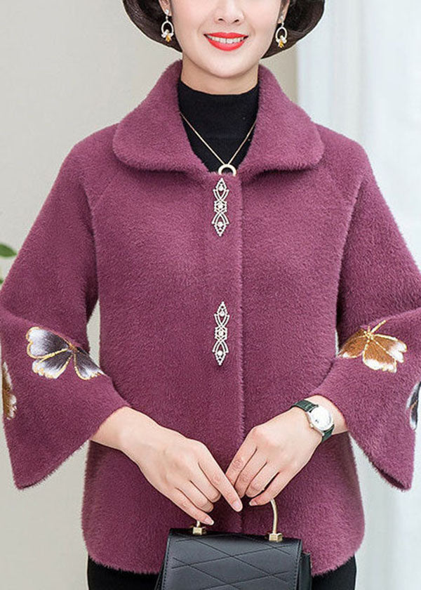 Light Purple Mink Hair Knitted Jackets Square Collar Embroideried Winter
