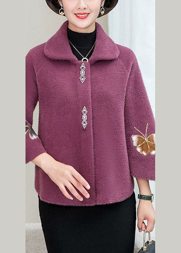 Light Purple Mink Hair Knitted Jackets Square Collar Embroideried Winter