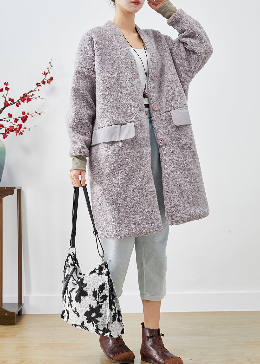 Light Purple Patchwork Teddy Trench V Neck Button Down Fall