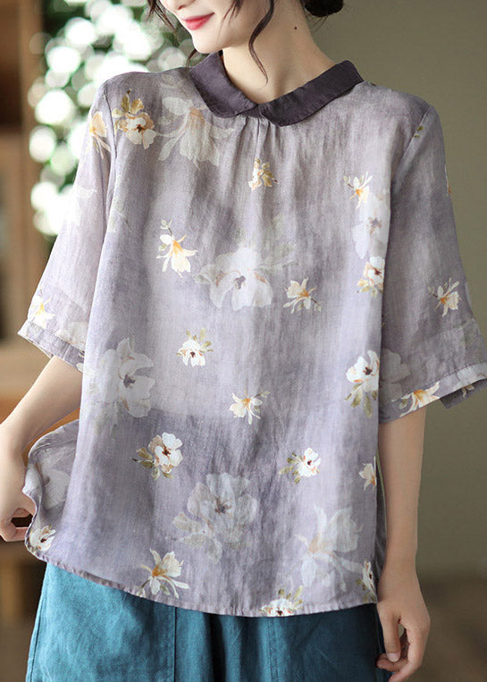 Light Purple Peter Pan Collar Print Linen Shirt Half Sleeve