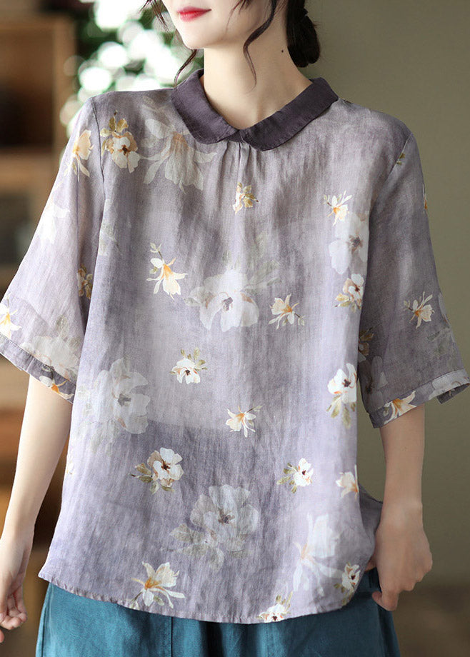 Light Purple Peter Pan Collar Print Linen Shirt Half Sleeve