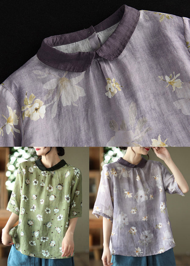 Light Purple Peter Pan Collar Print Linen Shirt Half Sleeve