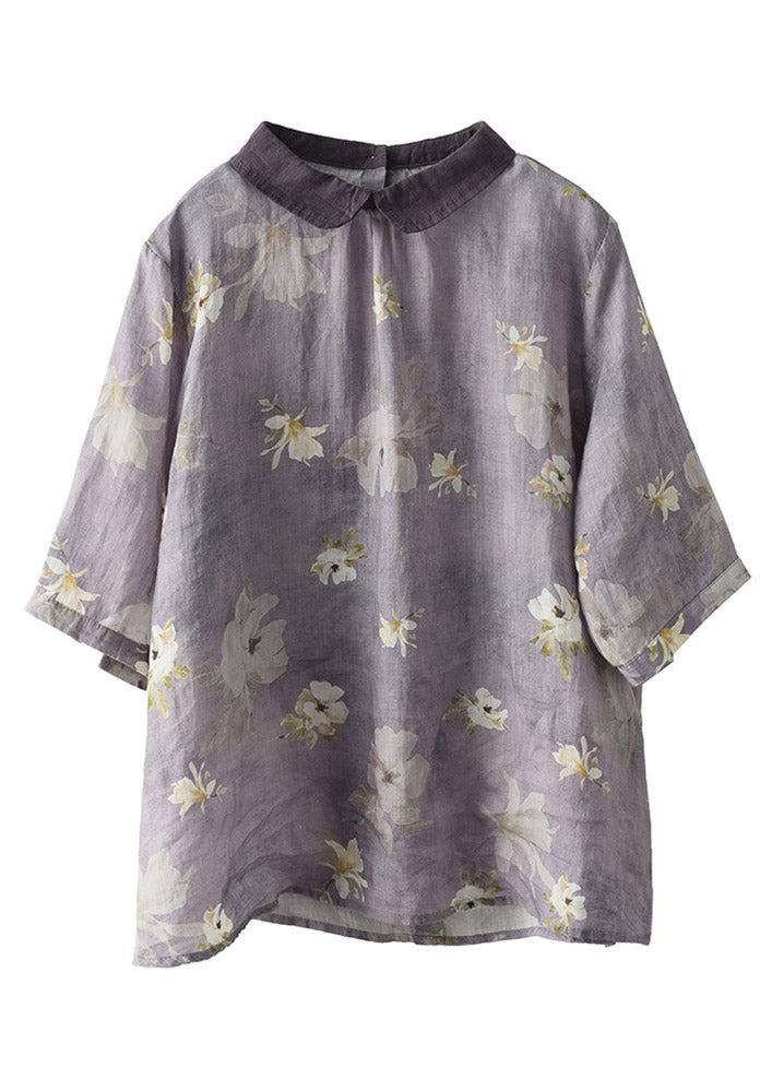 Light Purple Peter Pan Collar Print Linen Shirt Half Sleeve