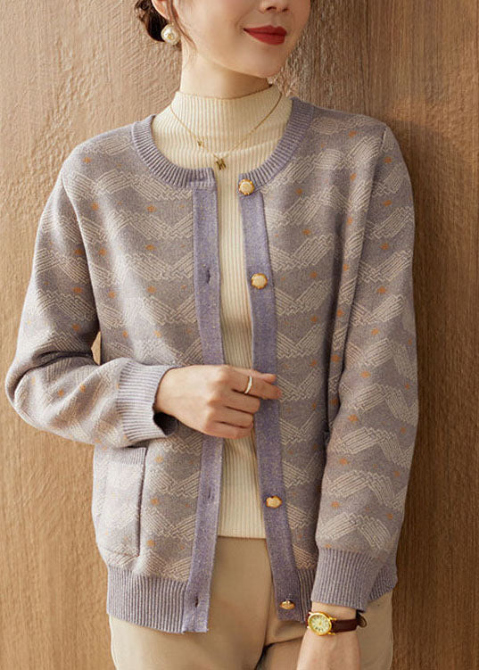 Light Purple Print Woolen Loose Coat Outwear Pearl Button Fall