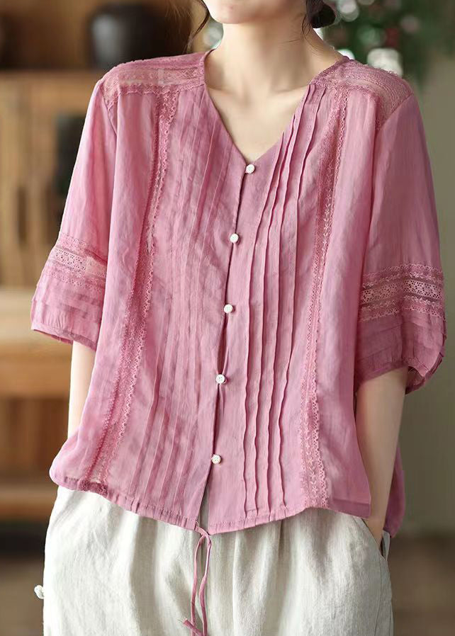 Light Yellow Patchwork Linen Shirt V Neck Lace Button Summer