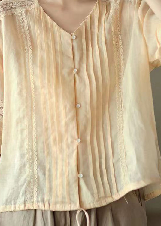 Light Yellow Patchwork Linen Shirt V Neck Lace Button Summer
