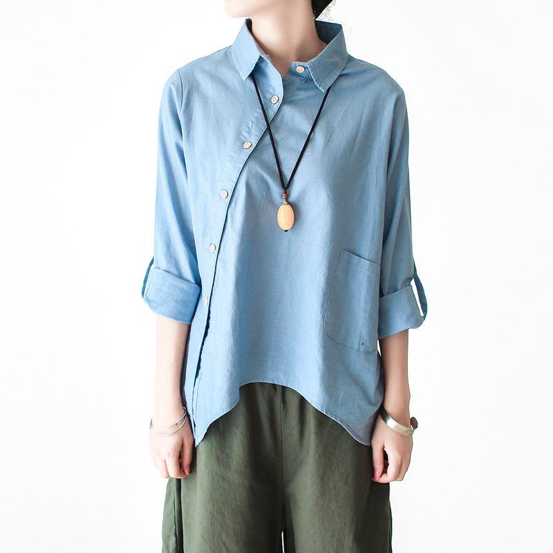 Light Blue Cotton Shirt Linen Blouse Women Asymmetrical Buttons Top - Omychic