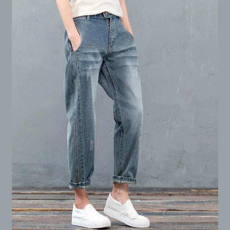 Light blue denim pants plus size jeans cotton crop pants - Omychic