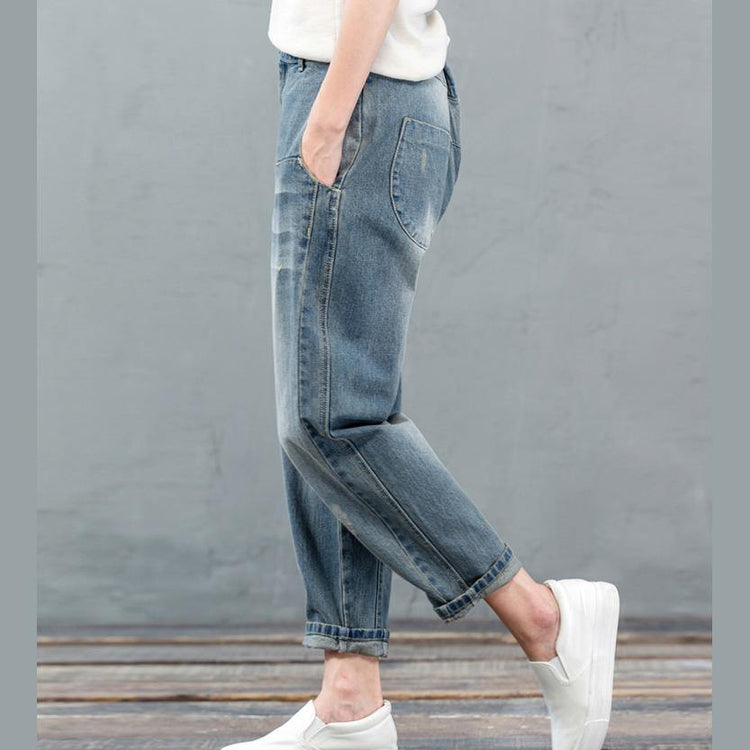 Light blue denim pants plus size jeans cotton crop pants - Omychic