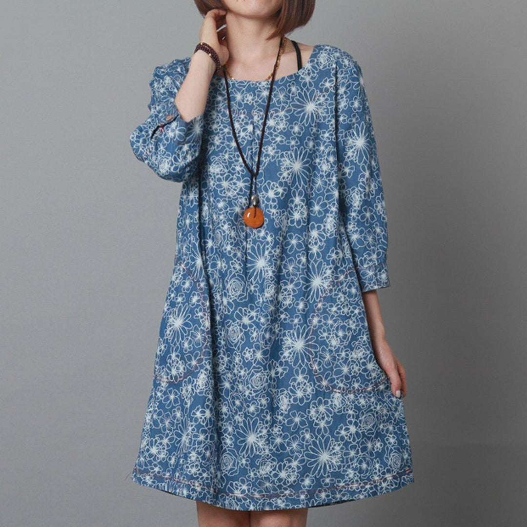 Light blue floral summer shift dress plus size sundress cotton shirt - Omychic