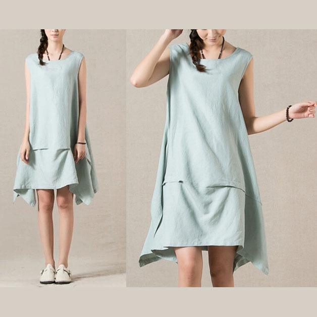 Yellow layered linen dress sleeveless cotton sundress - Omychic