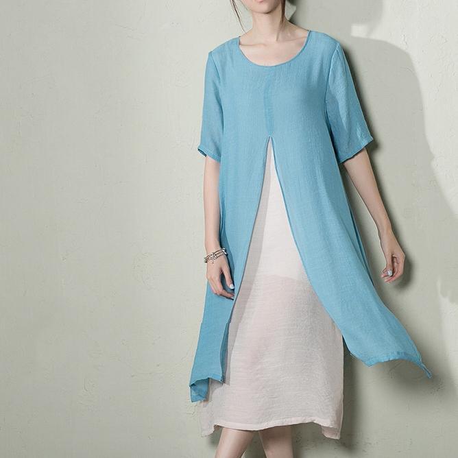 Light blue layered summer dress long cotton maxi dresses plus size - Omychic