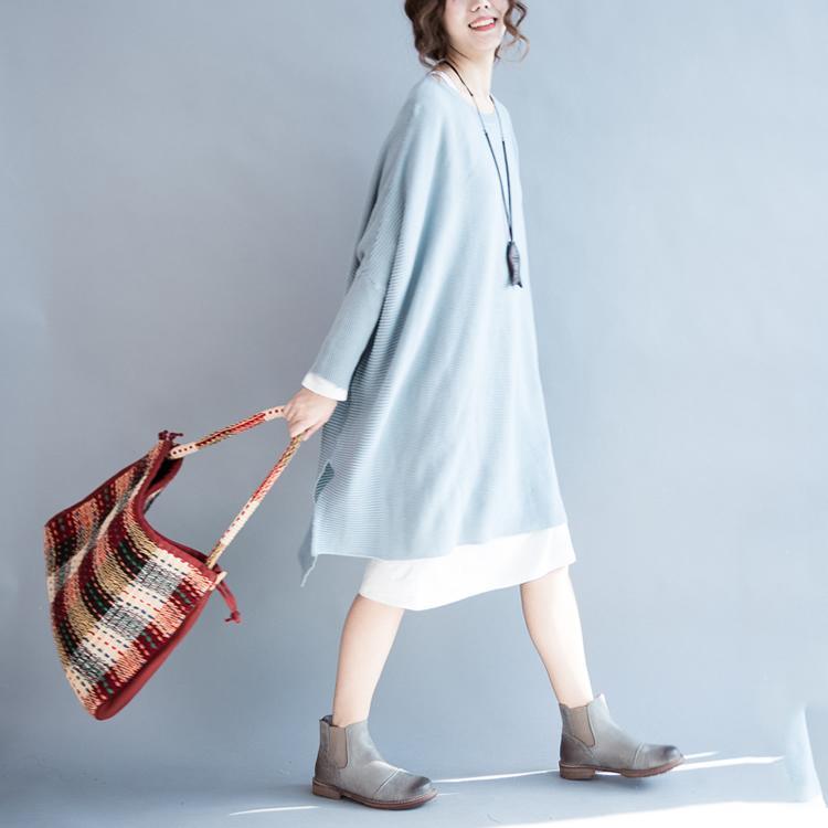 Light blue linen baggy sweater dresses cotton knit sweaters - Omychic