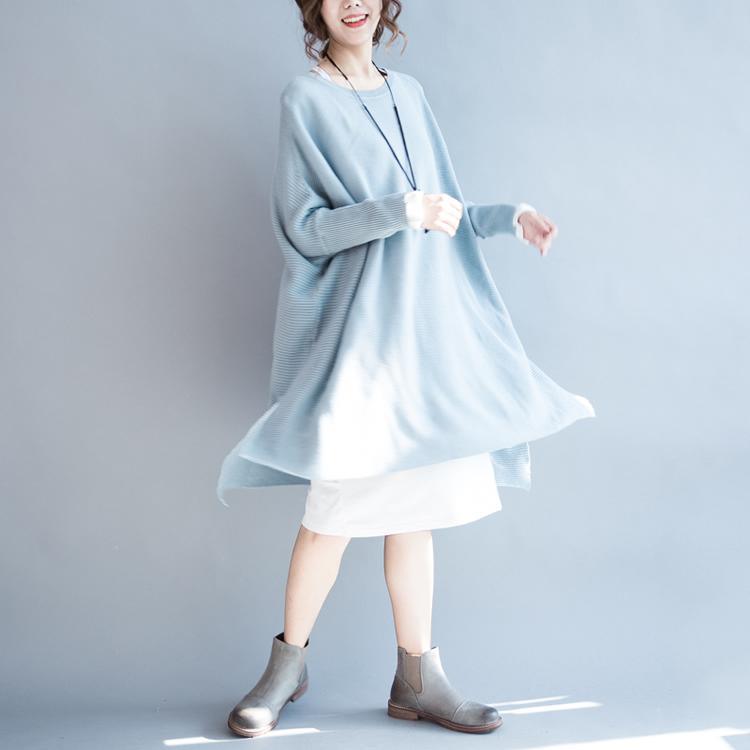 Light blue linen baggy sweater dresses cotton knit sweaters - Omychic