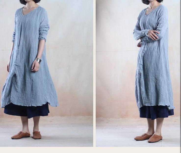 Light blue long linen dress maxis loose caftan gown- when a leaf turns green - Omychic