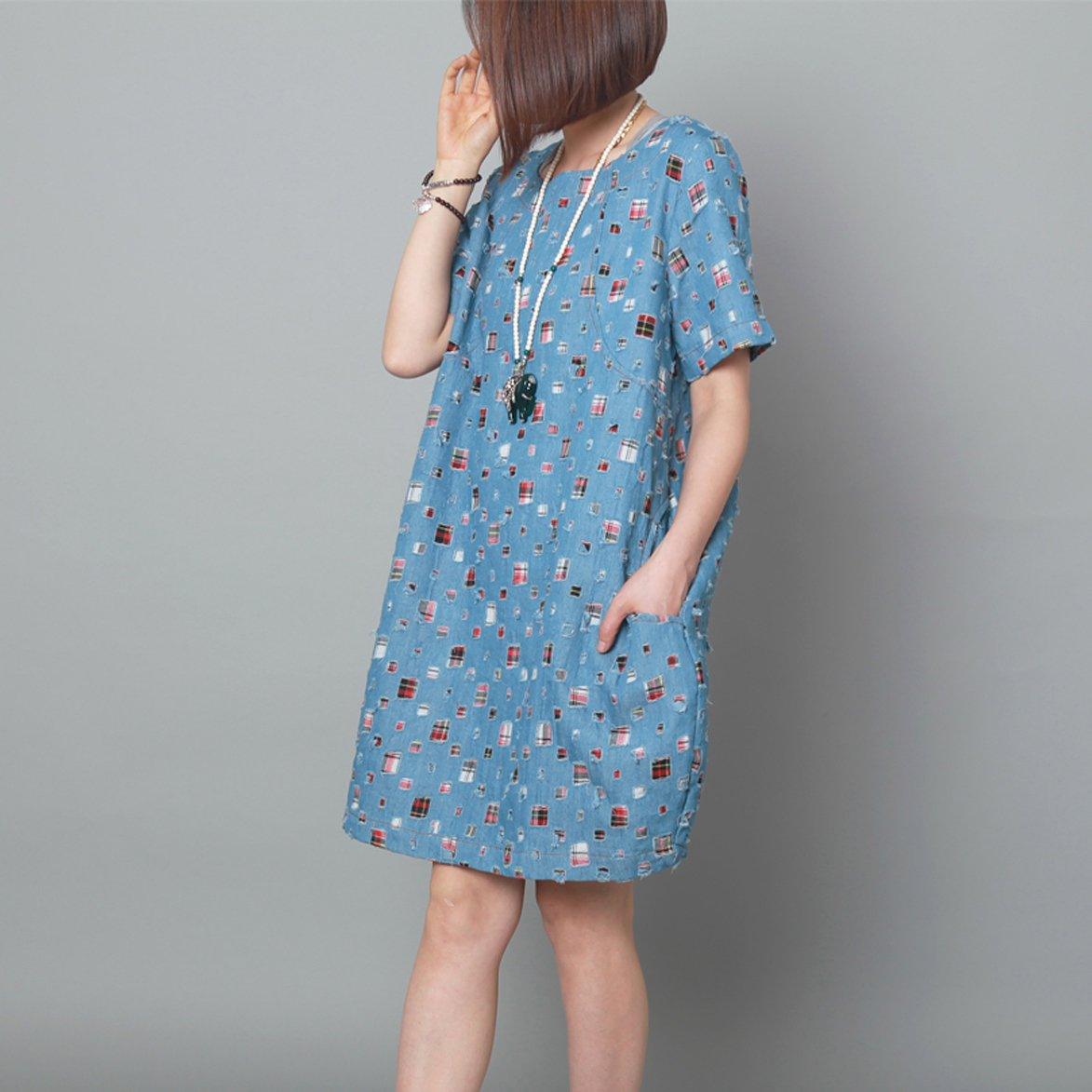 Light blue patchwork summer shift dress oversize sundress maternity dress - Omychic