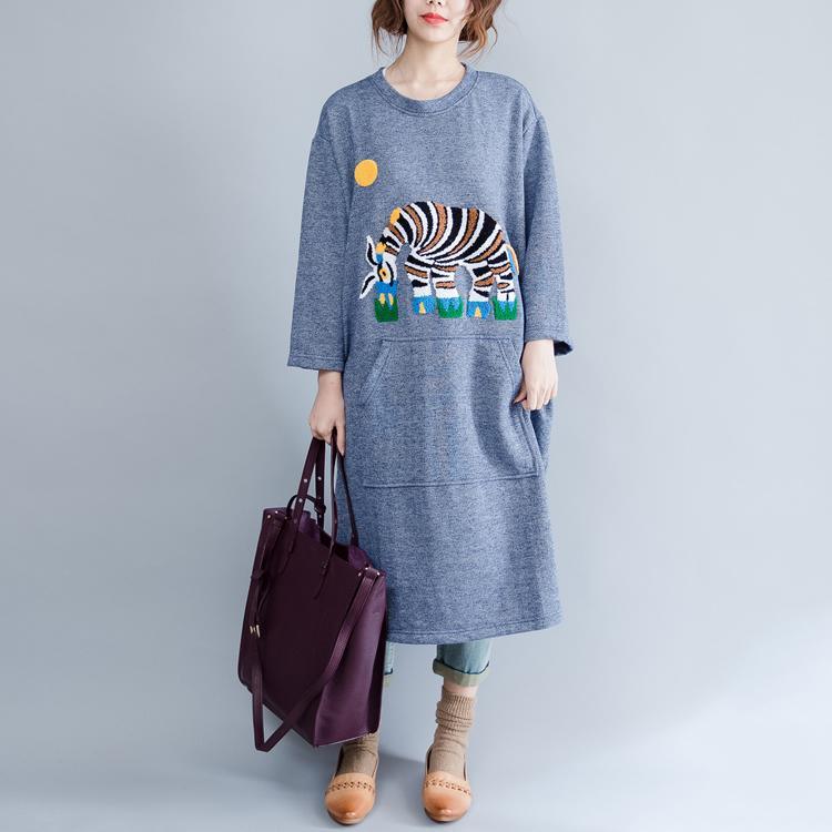 Light blue spring cotton dress oversize causal caftans elephant print baggy dresses - Omychic