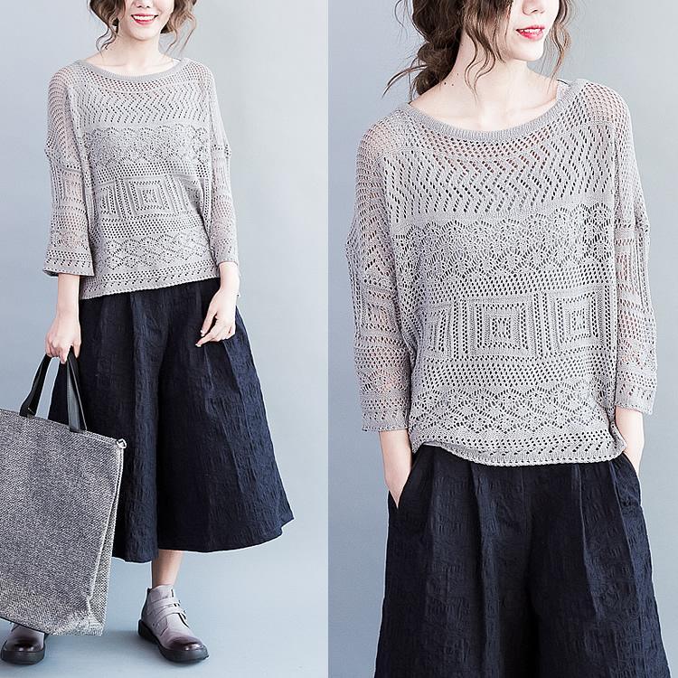 Light gray Linen knit sweater top loose knitted pullover - Omychic