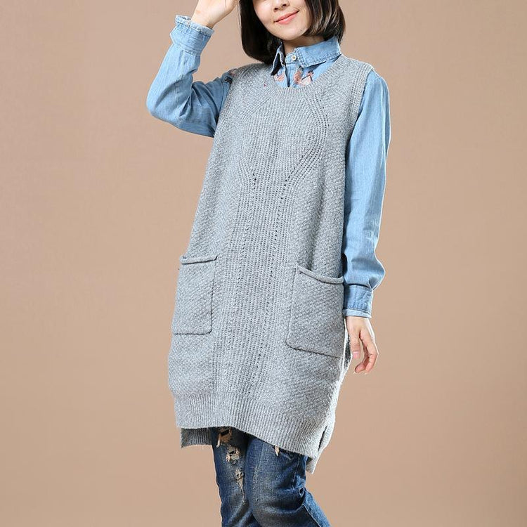 Light gray long sweater vest knit dress - Omychic