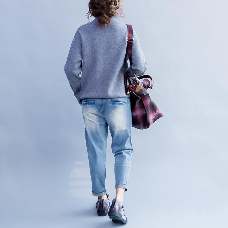 Light gray womens cashmere sweaters long sleeve knitted sweater chunky style - Omychic