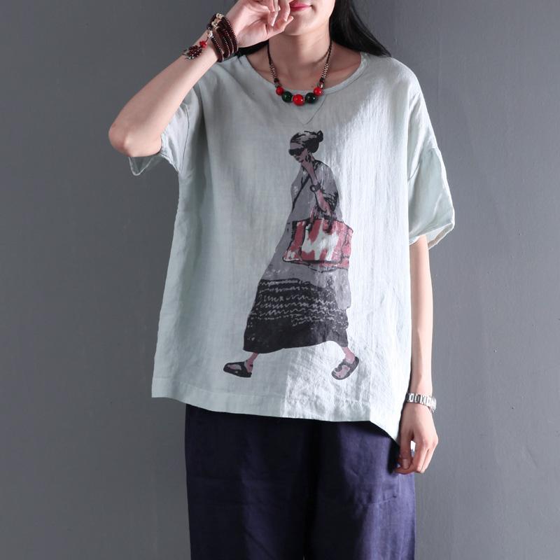 Light green summer women print linen top plus size shirt city girl casual style - Omychic