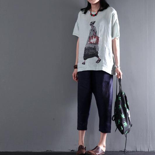 Light green summer women print linen top plus size shirt city girl casual style - Omychic