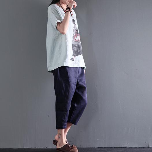 Light green summer women print linen top plus size shirt city girl casual style - Omychic