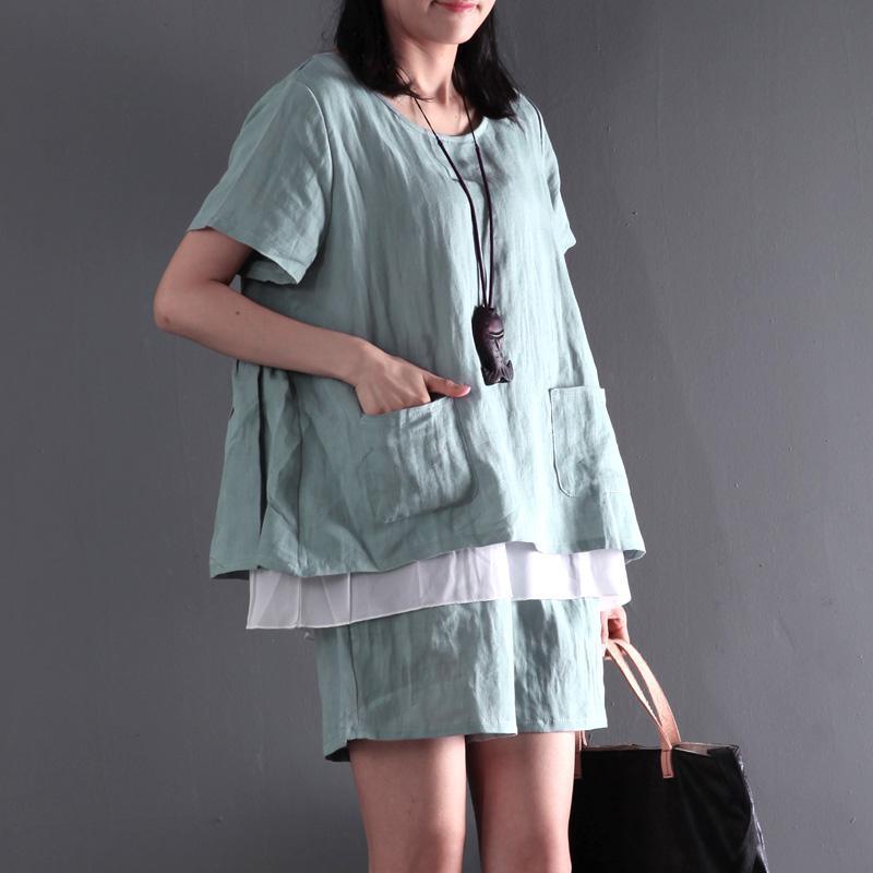 Light green two pieces linen summer top shirt and shorts pants set cotton casual style - Omychic