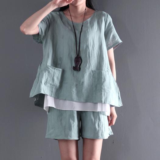 Light green two pieces linen summer top shirt and shorts pants set cotton casual style - Omychic