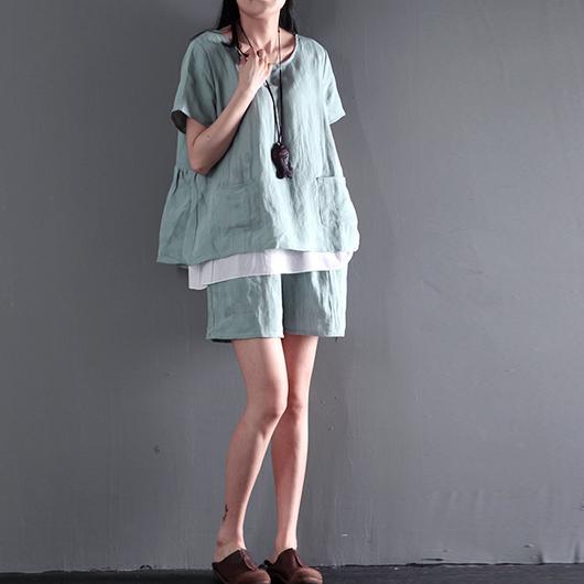 Light green two pieces linen summer top shirt and shorts pants set cotton casual style - Omychic