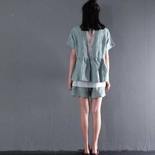 Light green two pieces linen summer top shirt and shorts pants set cotton casual style - Omychic