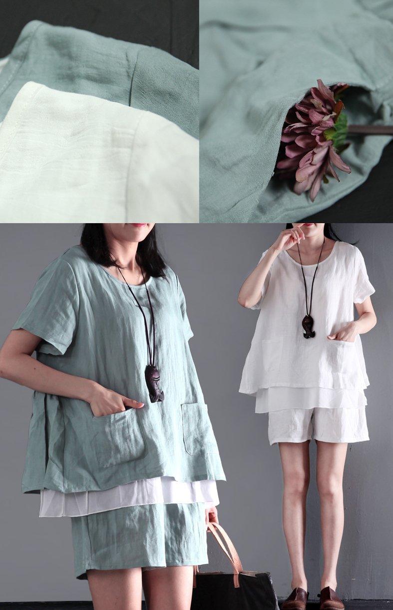 Light green two pieces linen summer top shirt and shorts pants set cotton casual style - Omychic