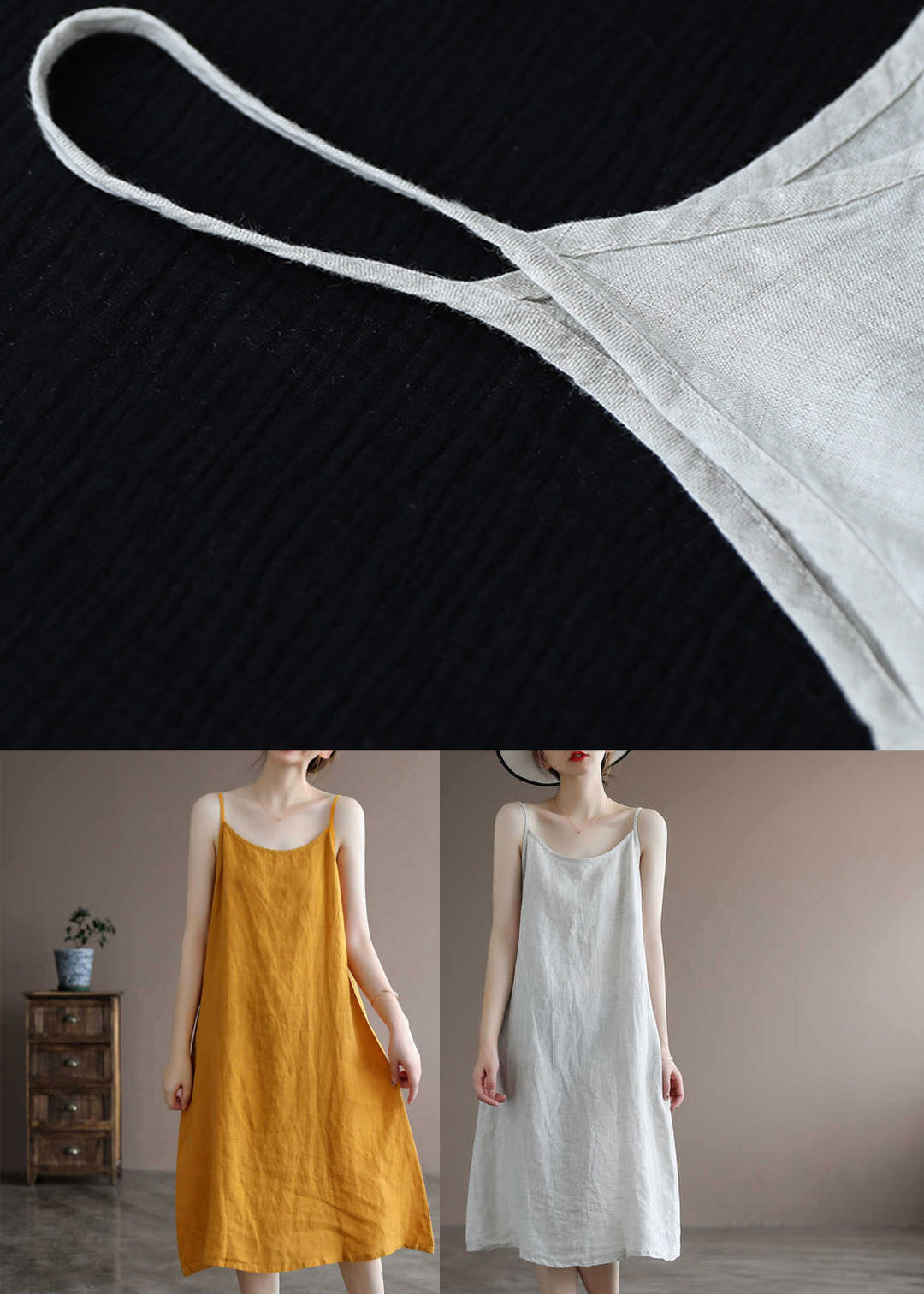 Linen Colour Spaghetti Strap Solid Dress Sleeveless