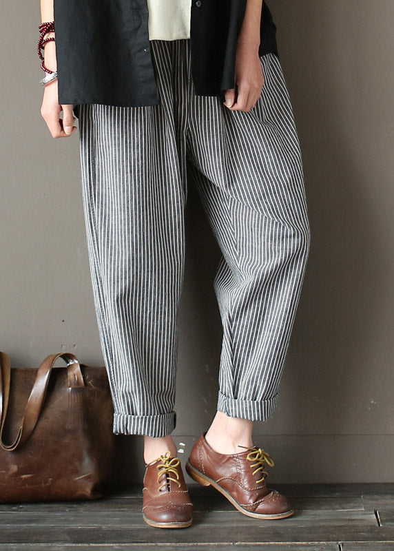 Linen Grey Striped Elastic Waist Linen Beam Pants Spring