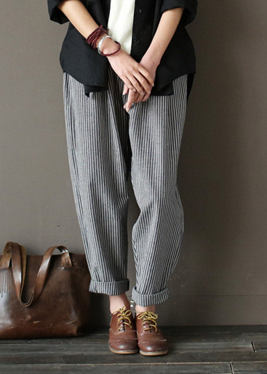 Linen Grey Striped Elastic Waist Linen Beam Pants Spring