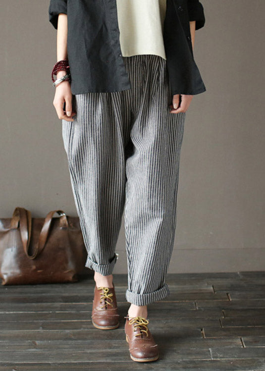 Linen Grey Striped Elastic Waist Linen Beam Pants Spring