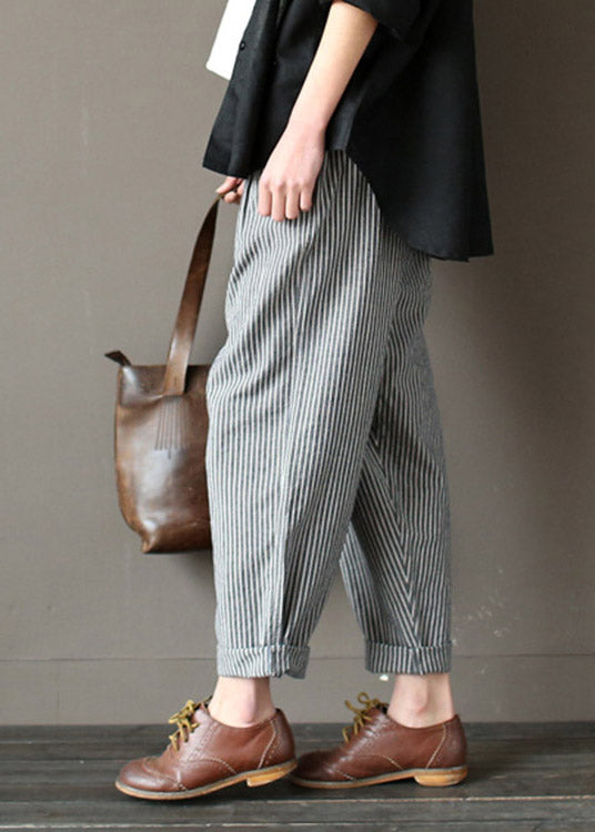 Linen Grey Striped Elastic Waist Linen Beam Pants Spring