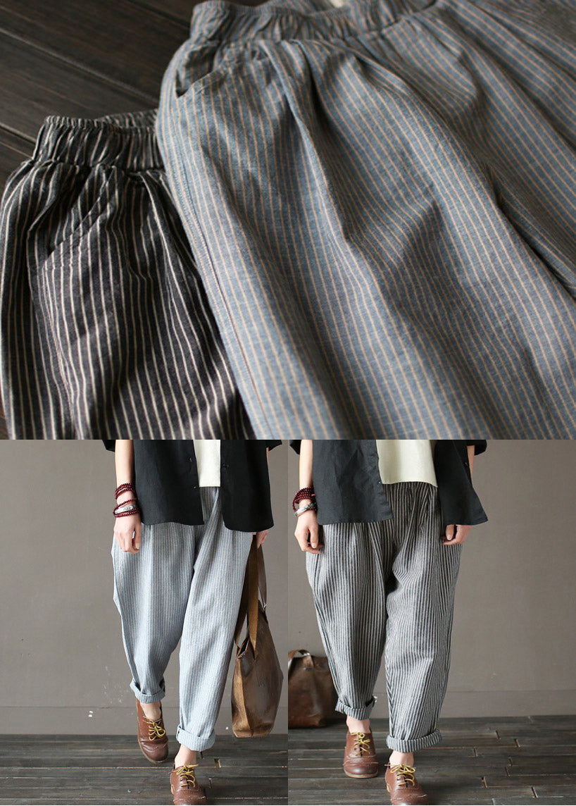 Linen Grey Striped Elastic Waist Linen Beam Pants Spring