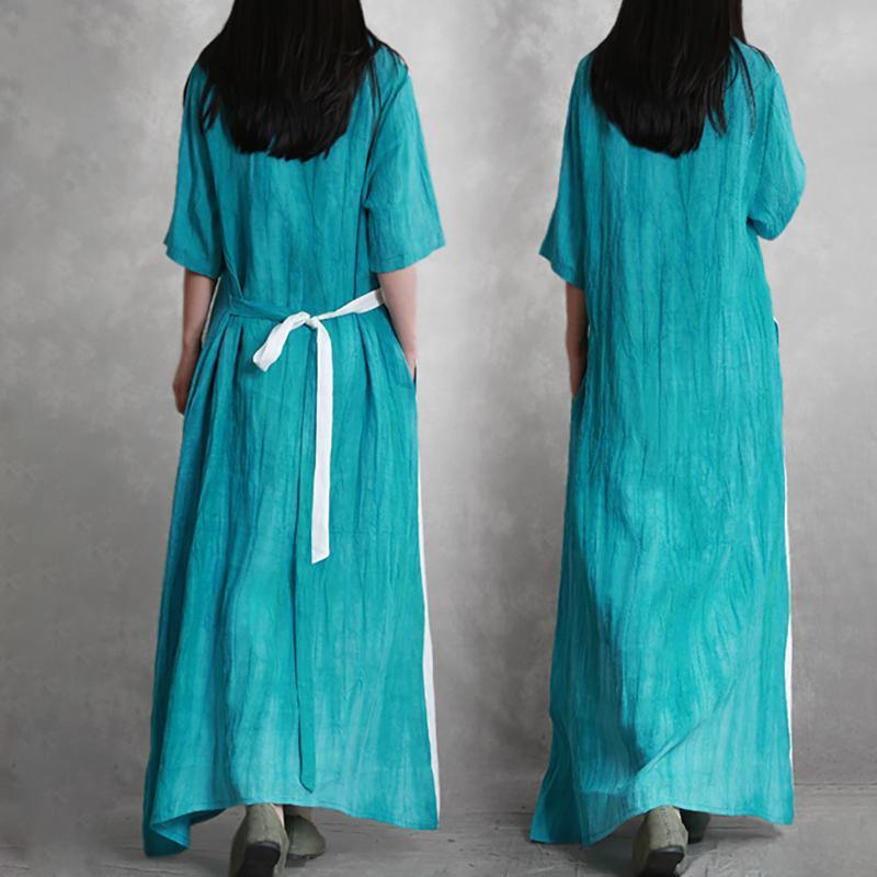Linen Half Sleeve Pleated Spliced Dress - Omychic