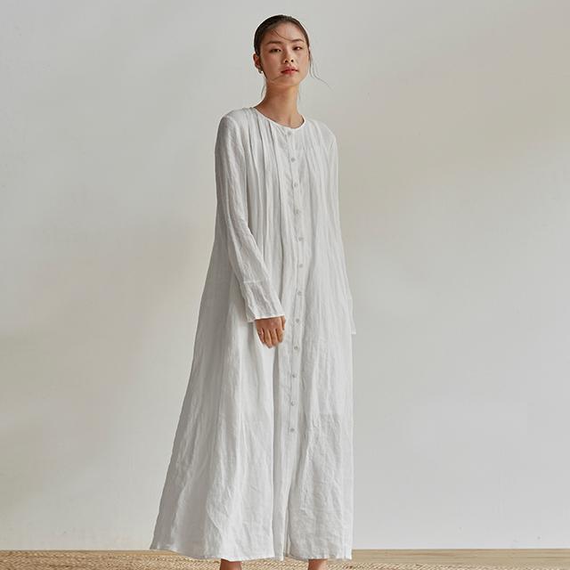 Linen Organ Pleats Solid Color Elegant Dress - Omychic