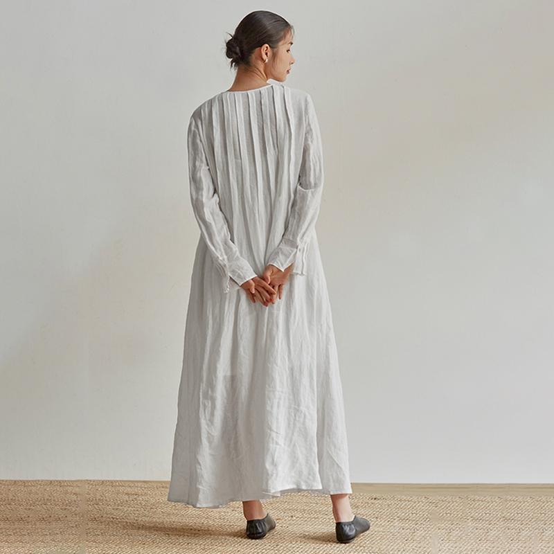 Linen Organ Pleats Solid Color Elegant Dress - Omychic