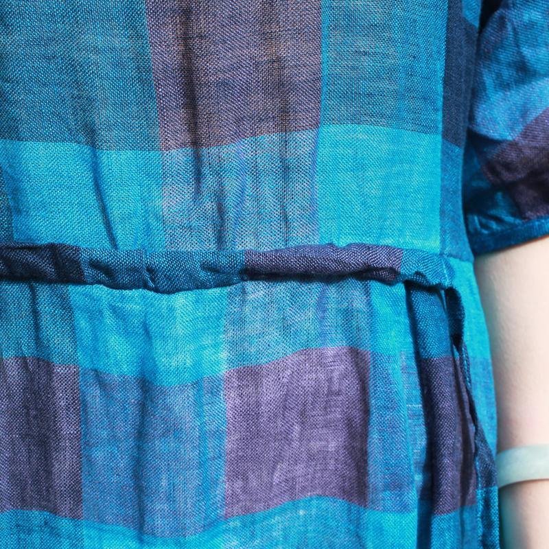 Linen Plaid Pleated Half Sleeve Plus Size Dress - Omychic
