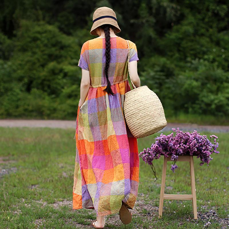 Linen V-Neck Plaid Short Sleeve Drawstring Dress - Omychic