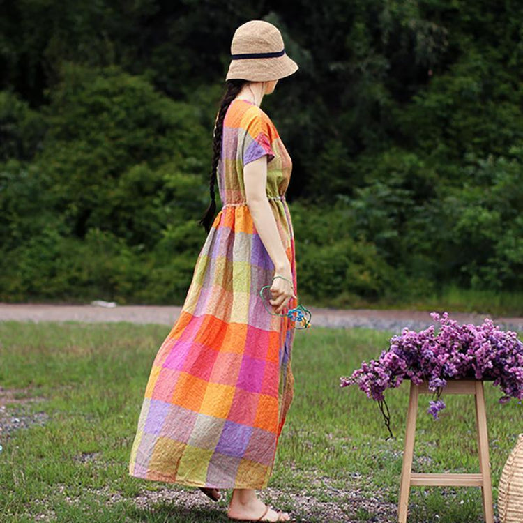 Linen V-Neck Plaid Short Sleeve Drawstring Dress - Omychic