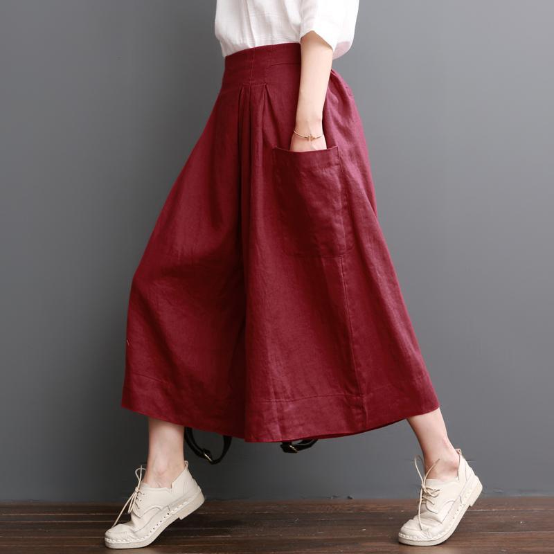 Linen pants summer red wide leg pants crop trousers - Omychic