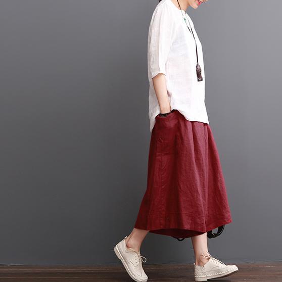 Linen pants summer red wide leg pants crop trousers - Omychic