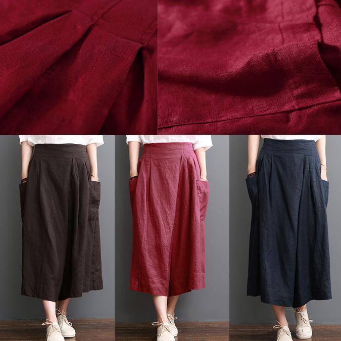 Linen pants summer red wide leg pants crop trousers - Omychic