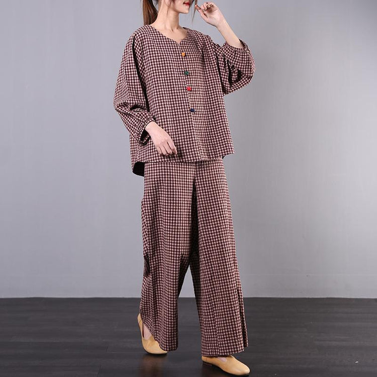 Literary spring loose and slightly fat wide leg pants red plaid cotton and linen - Omychic